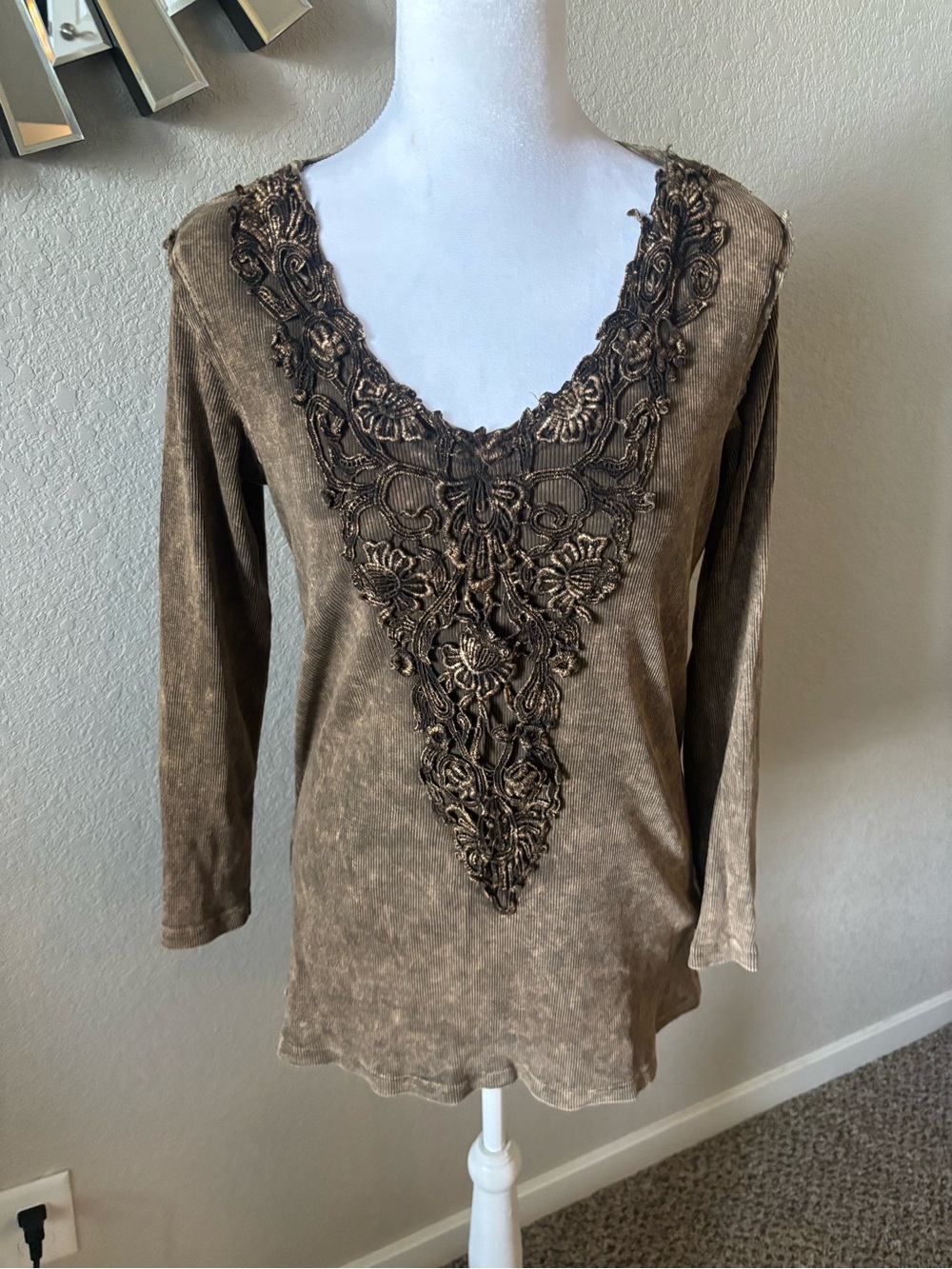 ONE WORLD Washed Brown Long Sleeve Top with Embroidered V-Neck Appliqué